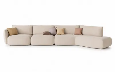 ELAN Sofa auf weißem Hintergrund, Vorderansicht der offenen V-Silhouette