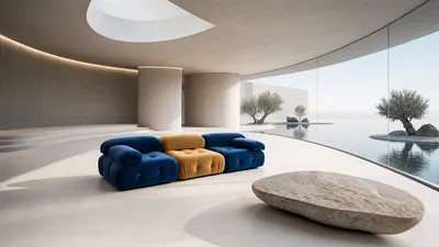 SENN 3-Sitzer-Konfiguration in Blau und Senf in einem skulpturalen Luxusinterieur mit Blick auf das Wasser