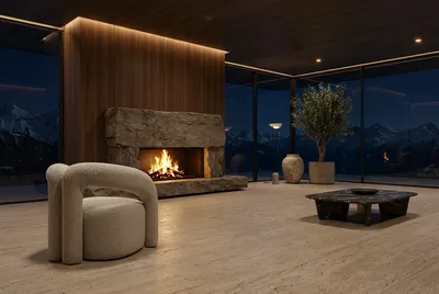 Fauteuil KODAK aménagé dans une villa de montagne de luxe avec cheminée en pierre au coucher du soleil