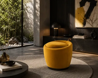 LIVIA pouf in mustard yellow velvet in a contemporary interior