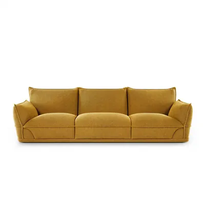 YORI Sofa in senfgelbem Bouclé, Vorderansicht auf weißem Hintergrund
