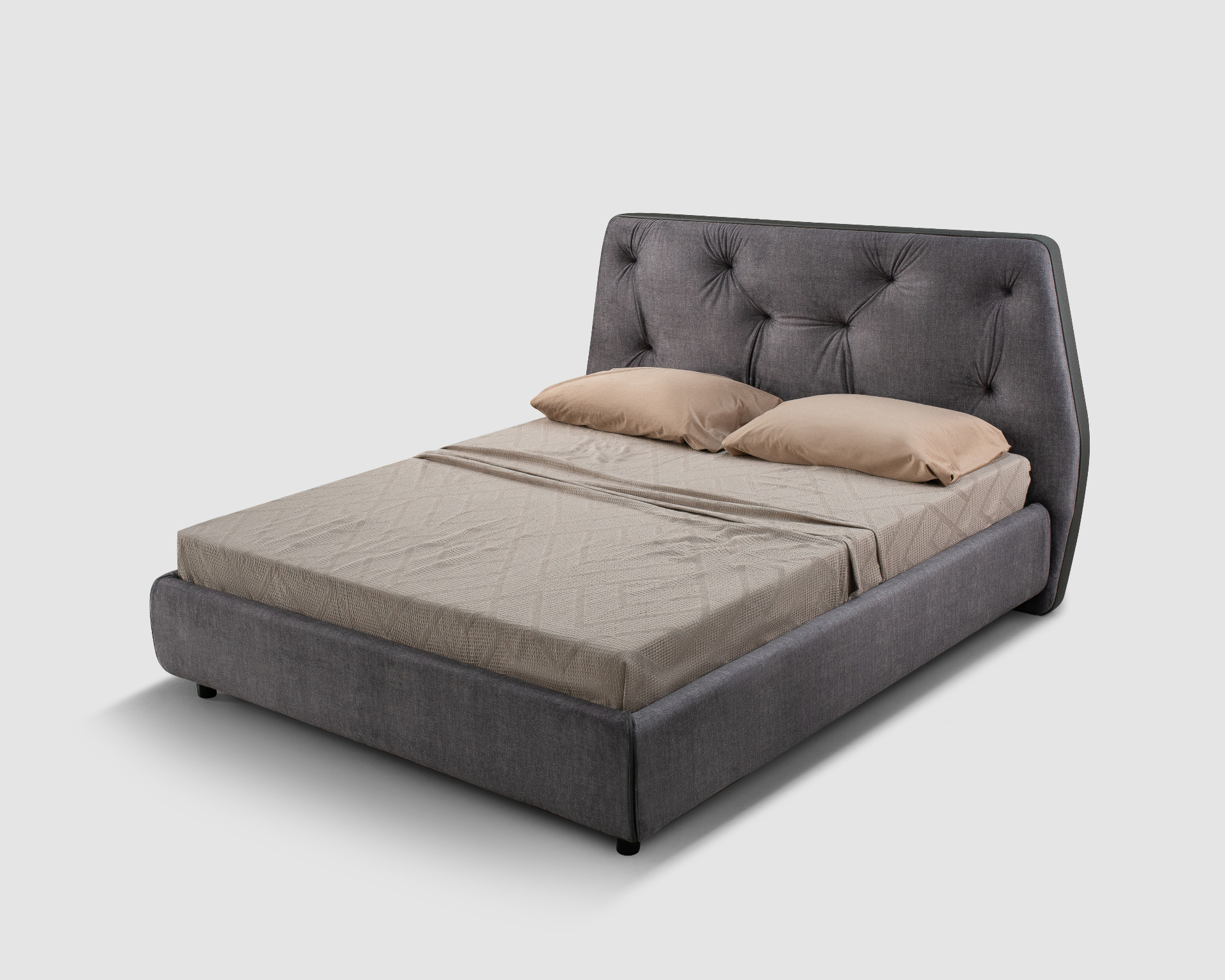 Letto ORIAN, vista laterale con testiera imbottita trapuntata