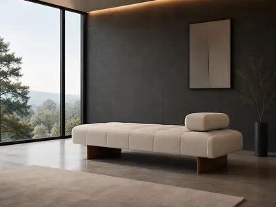 HAVEN Bank in einem luxuriösen Interieur mit dunkler Wand und Panoramablick