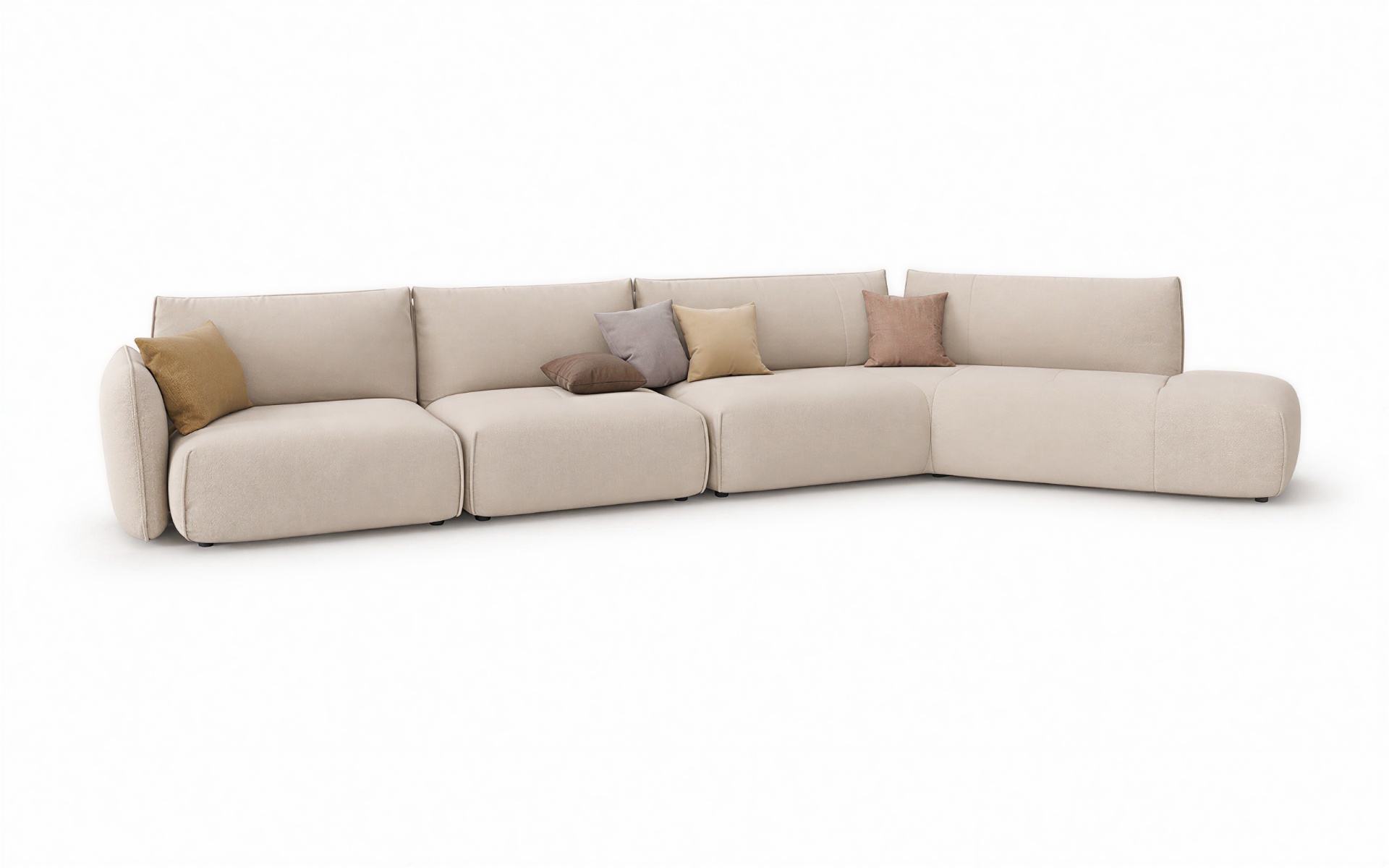 Divano ELAN, vista frontale angolata con cuscini decorativi