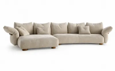 LYSIAN Sofa auf weißem Hintergrund, Vorderansicht, die die offene V-Silhouette zeigt