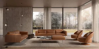 Sofa RYDEN in einem luxuriösen Ambiente, perspektivische Ansicht mit Holzstruktur