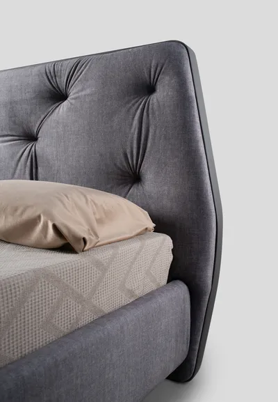Close-up detail of the ORIAN button-tufted headboard with matching trim