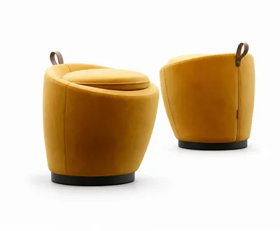 LIVIA pouf front and back view with leather strap