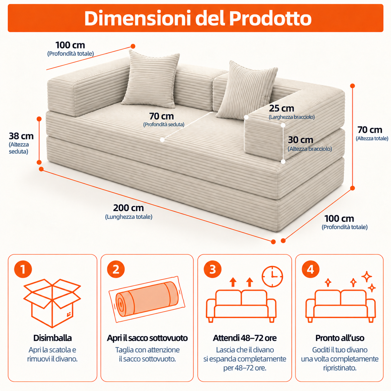 Dimensioni del Divano Modulare 5 in 1: 200 × 100 × 70 cm