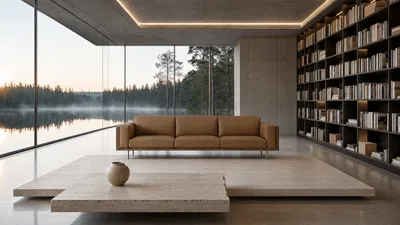 Sofa RYDEN in einem architektonischen Wohnzimmer mit Seeblick