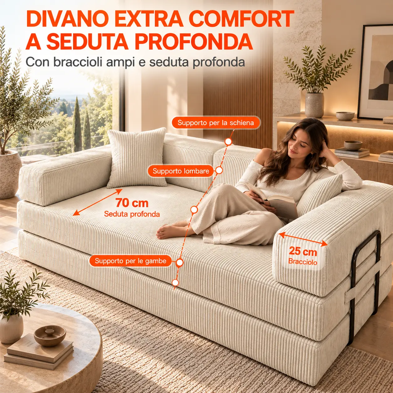 Divano Modulare 5 in 1 in tessuto a coste beige con seduta profonda