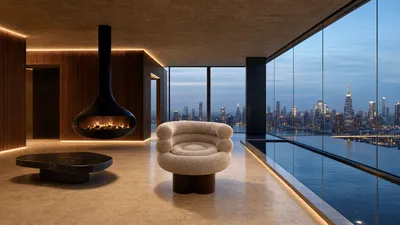 Fauteuil OTTO en bouclé dans un penthouse de luxe avec vue sur le skyline
