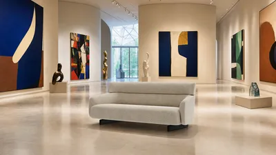 Canapé LYSANDER dans une galerie d'art contemporain avec des œuvres et des sculptures