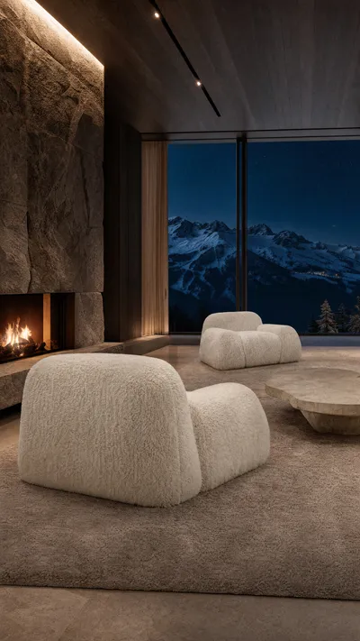 Fauteuil LINN dans un salon avec cheminée et vue sur les montagnes