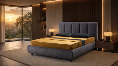 VALEN bed in a luxury bedroom at sunset
