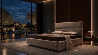 ASTON bed in a luxury bedroom with a garden view at sunset