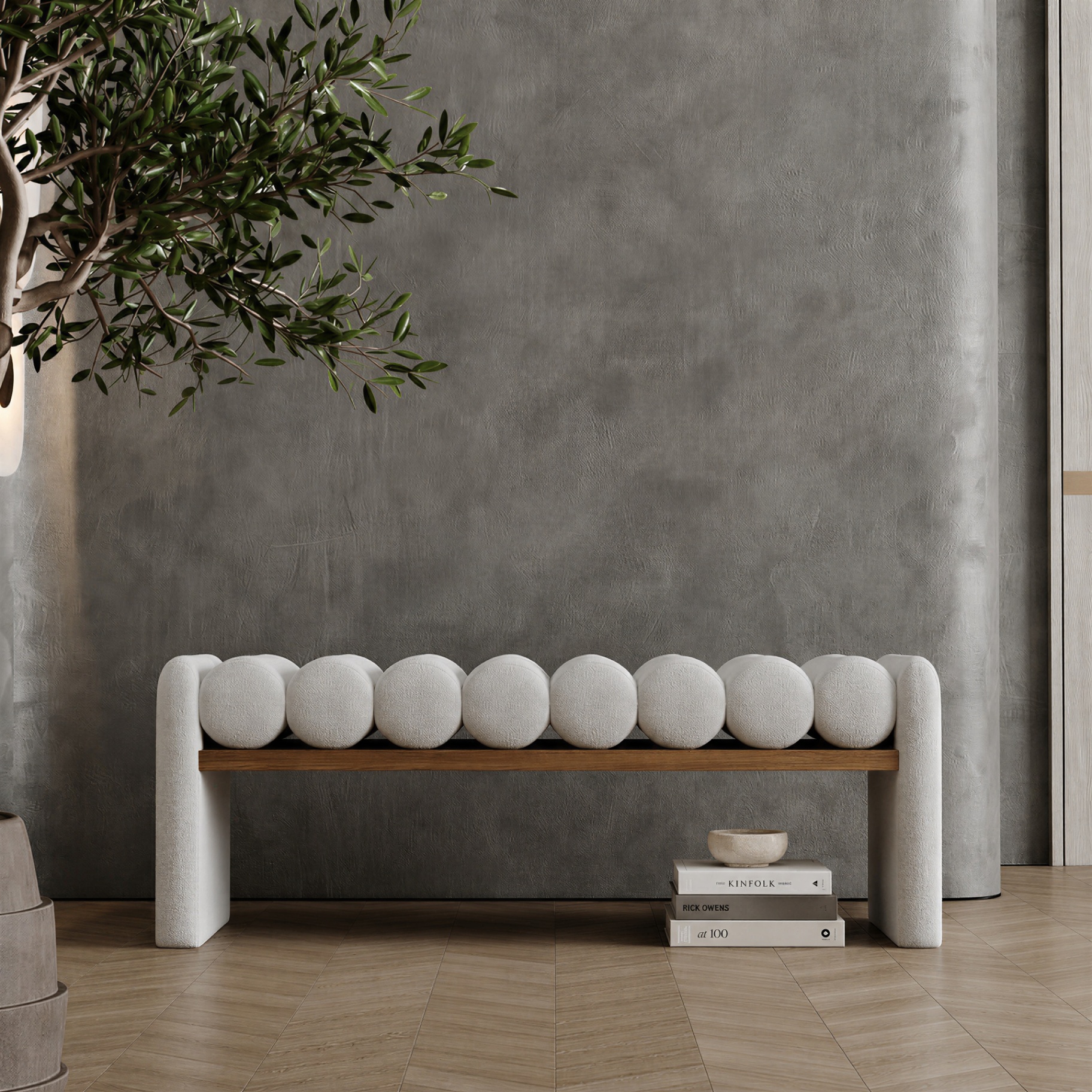 Panche LIBRA StileSofa — LIBRA è una panca di design scultorea con cuscini imbottiti su base in legno massello, per interni contemporanei di lusso.