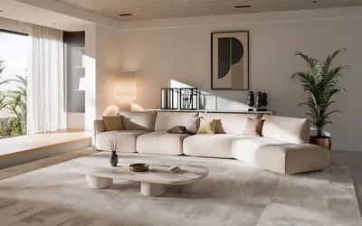 ELAN Sofa in offener V-Form, platziert in einem luxuriösen, zeitgenössischen Wohnzimmer