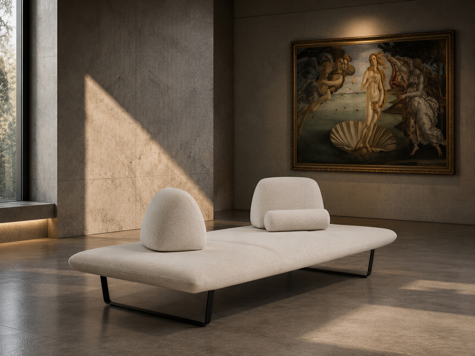 Panche ATLAS StileSofa — ATLAS è una panca scultorea di lusso con proporzioni generose, schienali asimmetrici e base metallica minimale.