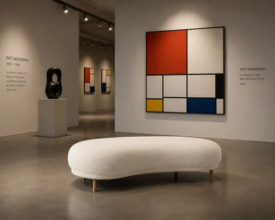 FRAME Bank in einer zeitgenössischen Kunstgalerie, bezogen mit elfenbeinweißem Bouclé