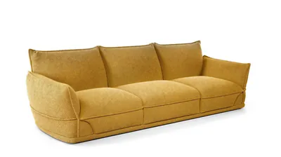 YORI Sofa in senfgelbem Bouclé, perspektivische Ansicht