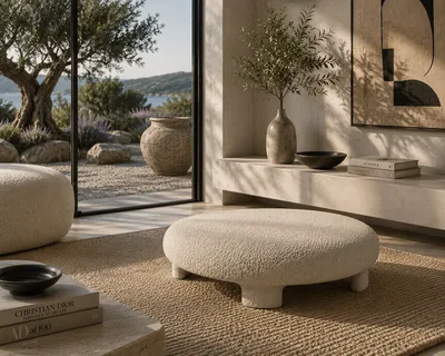 Pouf SASSO in einem zeitgenössischen Wohnzimmer mit mediterranem Blick