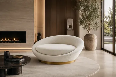 Fauteuil AURA dans un intérieur résidentiel de luxe avec cheminée et vue panoramique