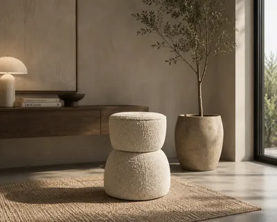 MILO pouffe in a minimalist living room with natural light